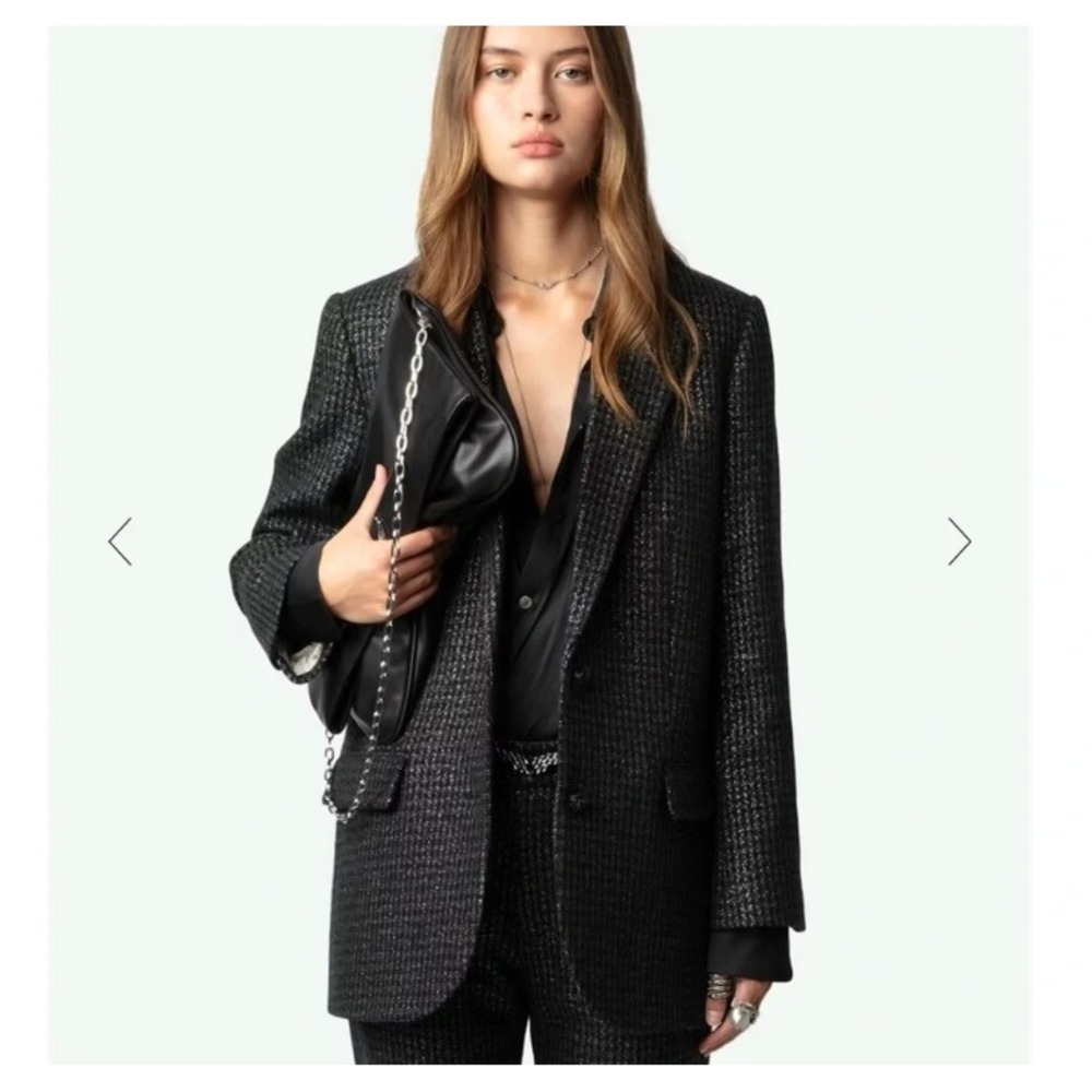Zadig & Voltaire Viva Check Car Blazer Lurex Wool Blend Metallic Black Small 36